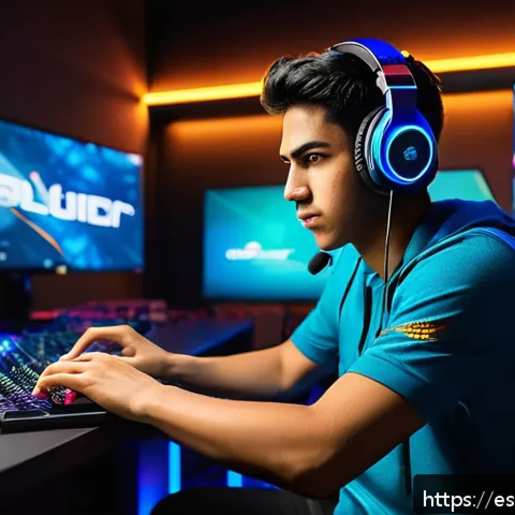 발로란트 신규 유저 경험담 - A dynamic esports training scene set in a sleek, modern gaming room with a young Hispanic male gamer...