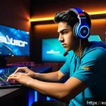 발로란트 신규 유저 경험담 - A dynamic esports training scene set in a sleek, modern gaming room with a young Hispanic male gamer...