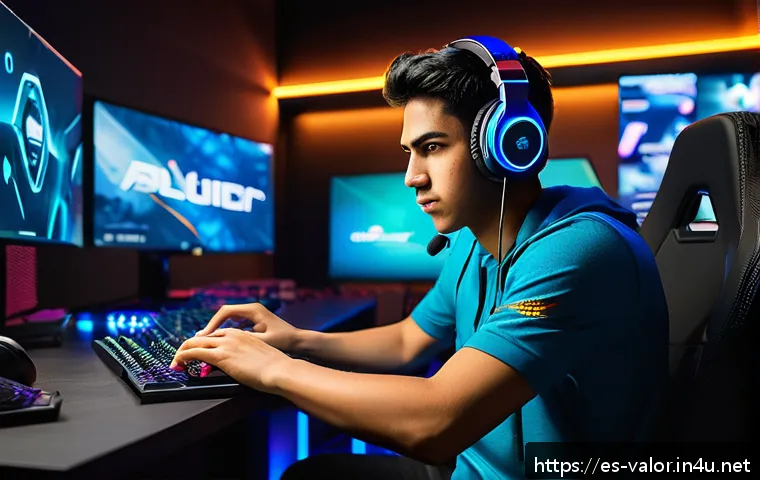 발로란트 신규 유저 경험담 - A dynamic esports training scene set in a sleek, modern gaming room with a young Hispanic male gamer...