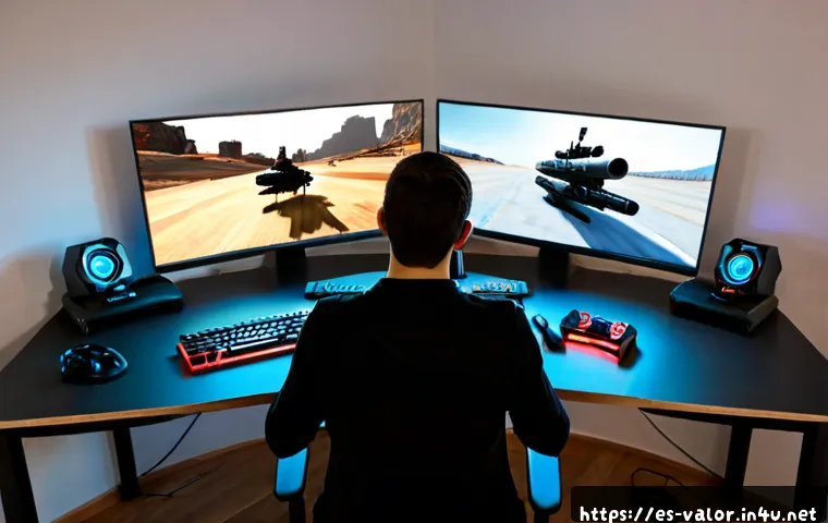 발로란트 에임 연습에 최적화된 맵 - Photorealistic gaming desk scene in a modern Spanish apartment, focused on a widescreen monitor disp...