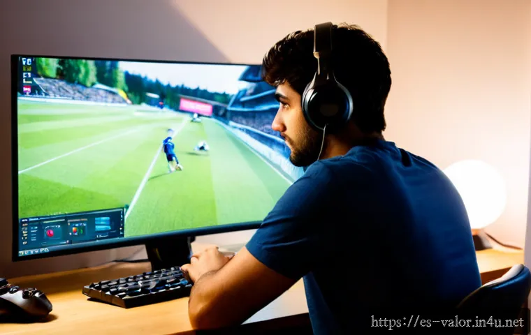 발로란트 FPS 상승 설정법 - Photorealistic Spanish-speaking gamer in a modern Madrid apartment carefully adjusting graphics sett...