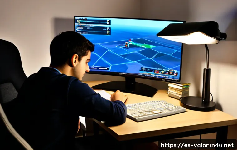 발로란트 게임 내 경제 분석 콘텐츠 - Photorealistic gaming economy analysis scene, Spanish-speaking young adult gamer at a clean modern d...