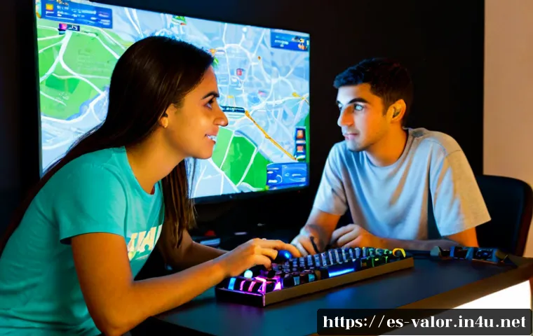 발로란트 커뮤니티에서 인기 있는 주제 - Photorealistic evening scene of three Spanish-speaking young adult gamers gathered around a clean de...