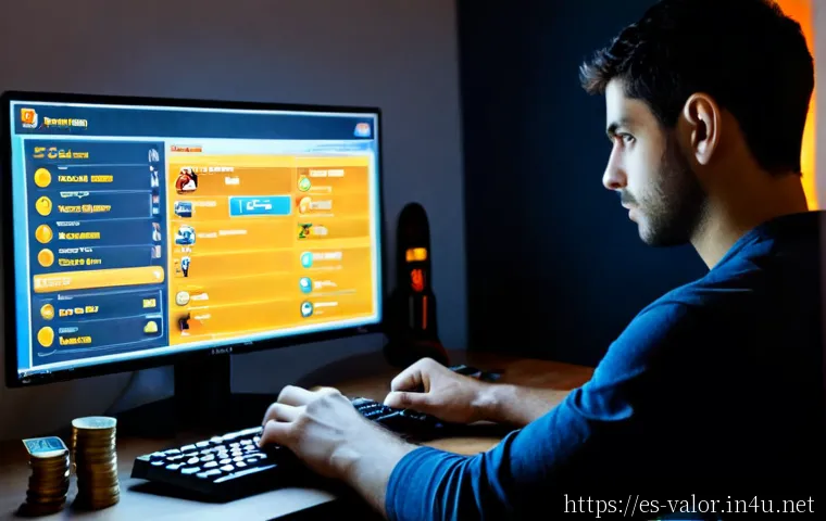 발로란트 아이템 구매 목록 - Photorealistic over-the-shoulder view of a Spanish young adult gamer at a clean desktop setup, study...